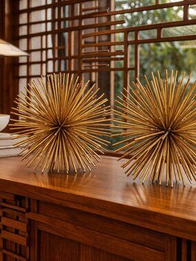 Gold Atomic Starburst Decor Sculptures Pair Mid Century Modern Style 7"